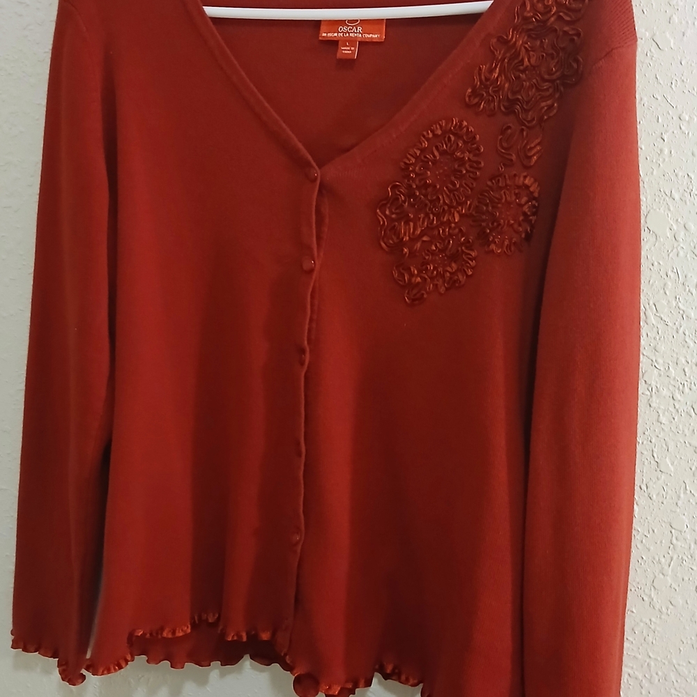 Oscar De La Renta Red Cardigan with Floral Detail